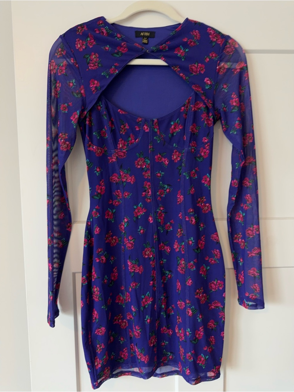 AFRM Blue Mesh Long-Sleeve Floral Cutout Dress